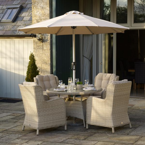 Chedworth 4 Seat garden Dining Set With Parasol Sanstone Lead Image X21WCW120RD1 1